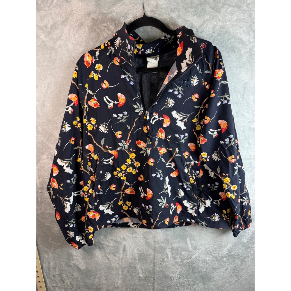 THE NORTH FACE Anorak Jacket Womens L Navy Floral Mushroom Hooded Zip AS IS